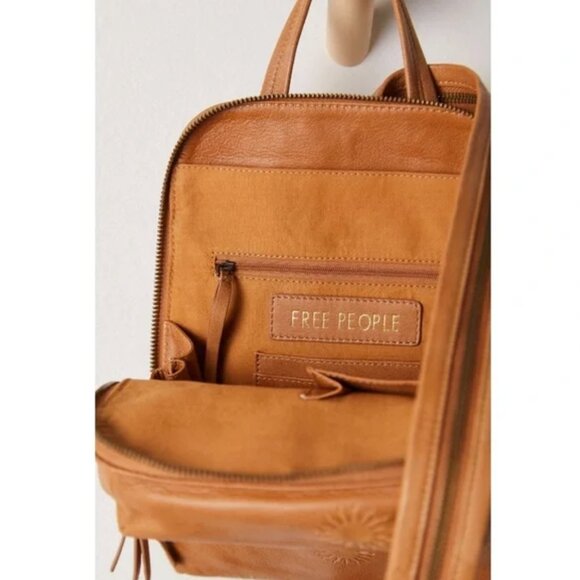 NWT Free People Break of Dawn 100% Leather Backpack Cognac Tan Tooled Sun - Picture 4 of 12